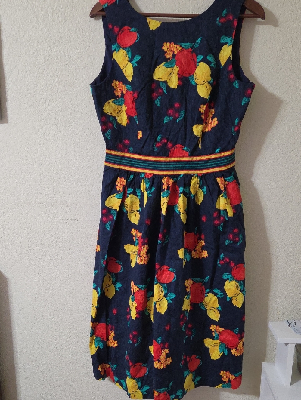 Navy Floral Sleeveless Cotton Dress with Yellow & Red Print